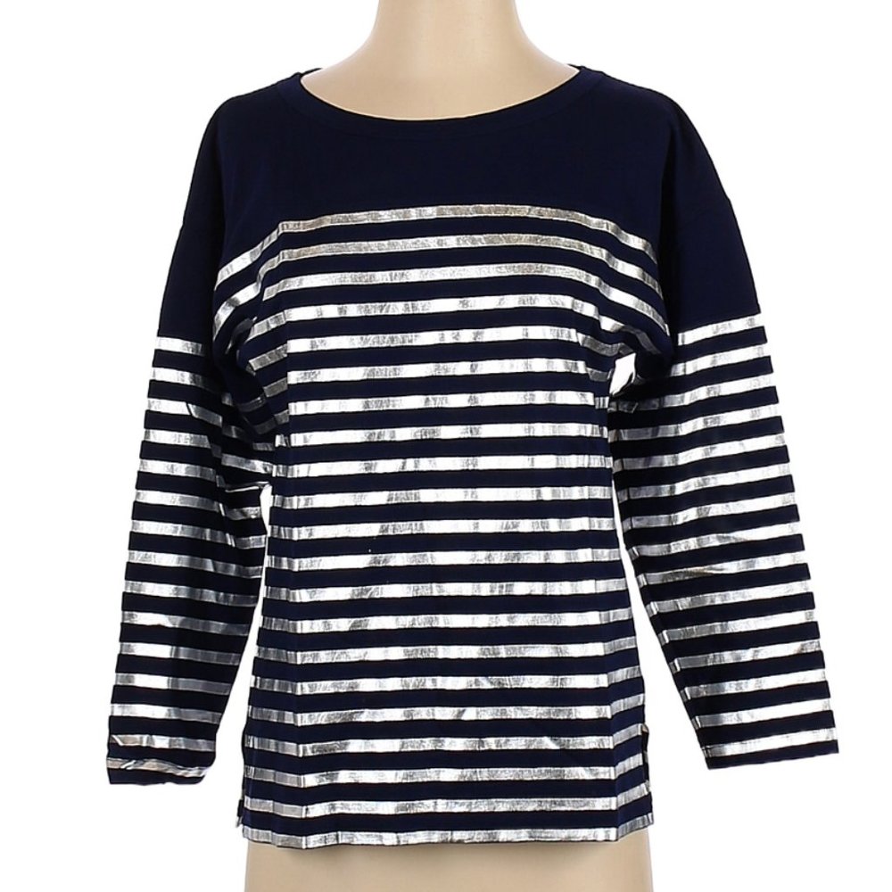 SOLD || J.Crew Navy/Silver Metallic Striped Shirt (Small)